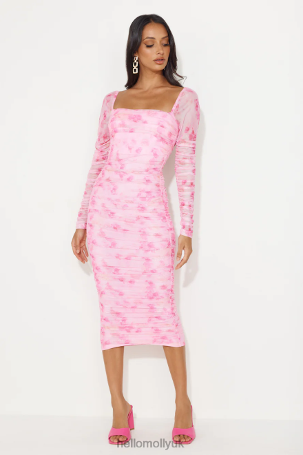 Clothing Hello Molly Hey There Gorg Long Sleeve Mesh Midi Dress Pink 866R45008